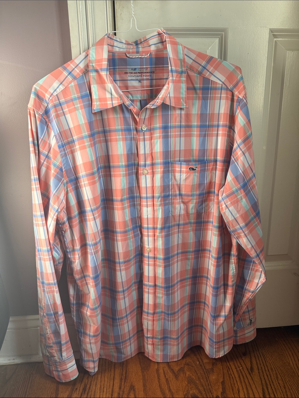 Vineyard Vines Coral and Light Blue Plaid Cotton Button-Down